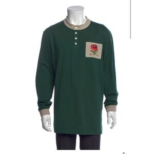 Kent & Curwen Mens XXL Green Rose Embroidered Long Sleeve Henley Shirt